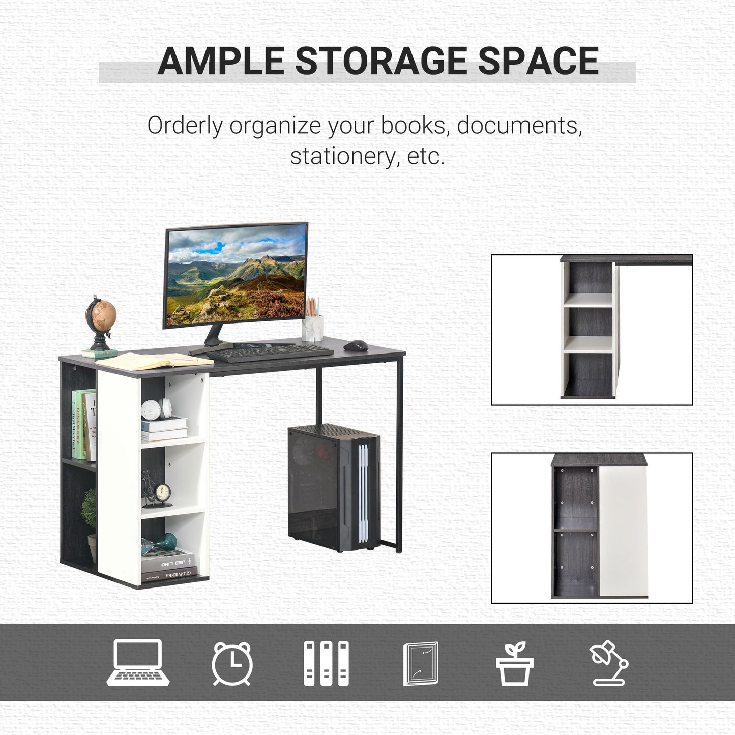 Computer Desk with 3-Tier Storage Shelves Writing Desk with Two Side Compartments for Home Office