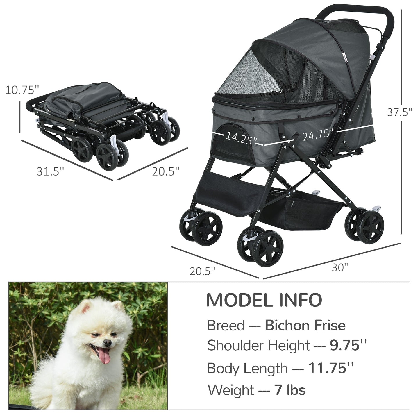 Pawhut Pet Stroller Pushchair Foldable Travel Dog Cat Carriage With Reversible Handle Brake Basket