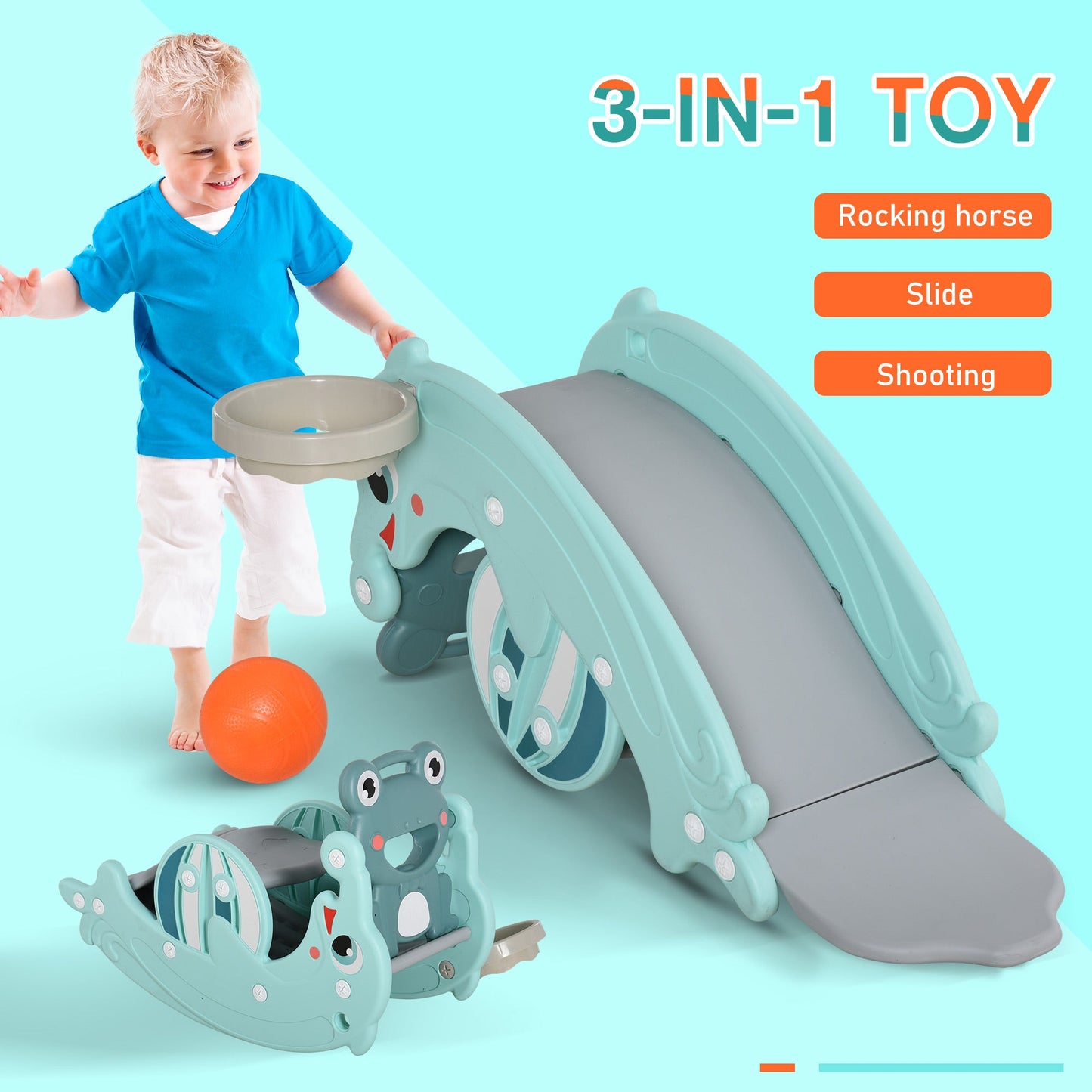 3-in-1 Baby Rocking Horse Portable Slide Basketball Hoop Equipment Indoor Outdoor Playground Toy