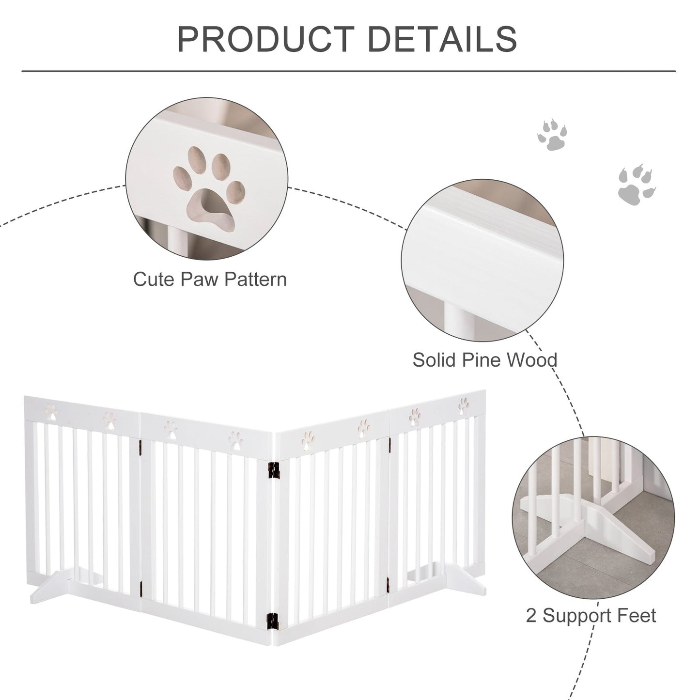 Pawhut Freestanding Pet Gate 4 Panel Wooden Dog Barrier Folding Safety Fence With Support Feet Up To 204cm Long 61cm Tall For Doorway Stairs White