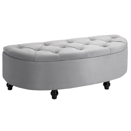 Semi-Circle Bed End Bench Ottoman with Storage Tufted Upholstered Accent Seat Footrest Stool with Rubberwood Legs for Bedroom & Entryway