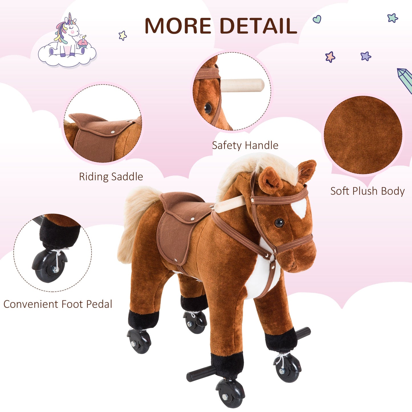 Wooden Action Pony Wheeled Walking Horse Riding Little Baby Plush Toy Wooden Style Ride on Animal Kids Gift w/Sound Brown