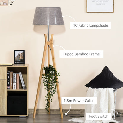 Homcom Natural Wood Tripod Floor Lamp Light E27 Base Bedroom Living Room Fabric Shade Storage Shelf Foot Switch