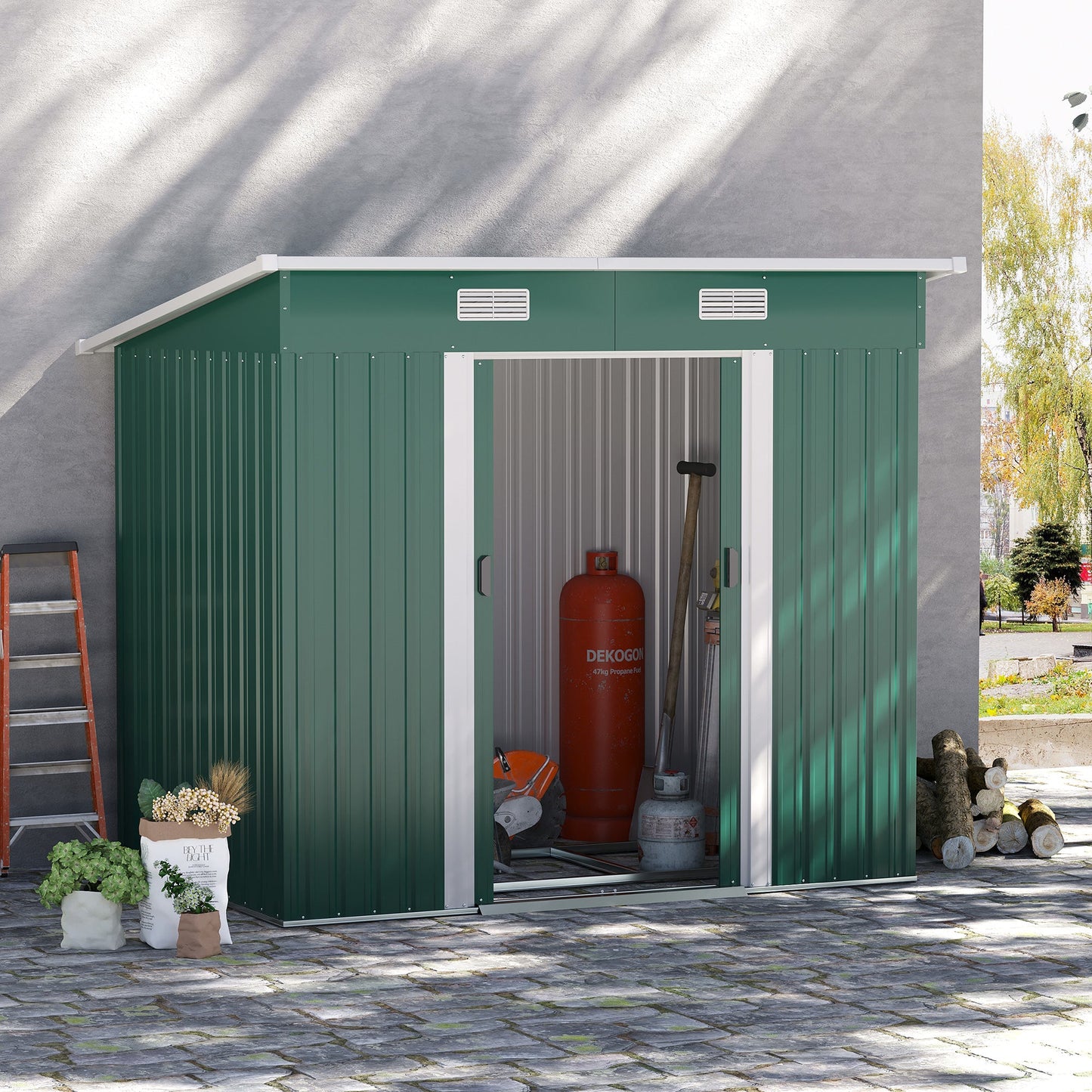 Galvanised 7 x4' Double Door Pent Garden Store Steel Green by Steadfast