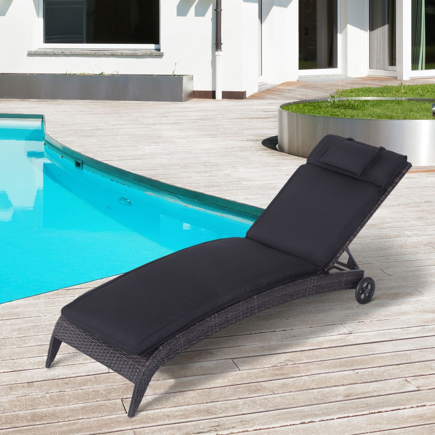 Garden Sun Lounger Cushion Replacement Thick Sunbed Reclining Chair Relaxer Pad with Pillow - Black