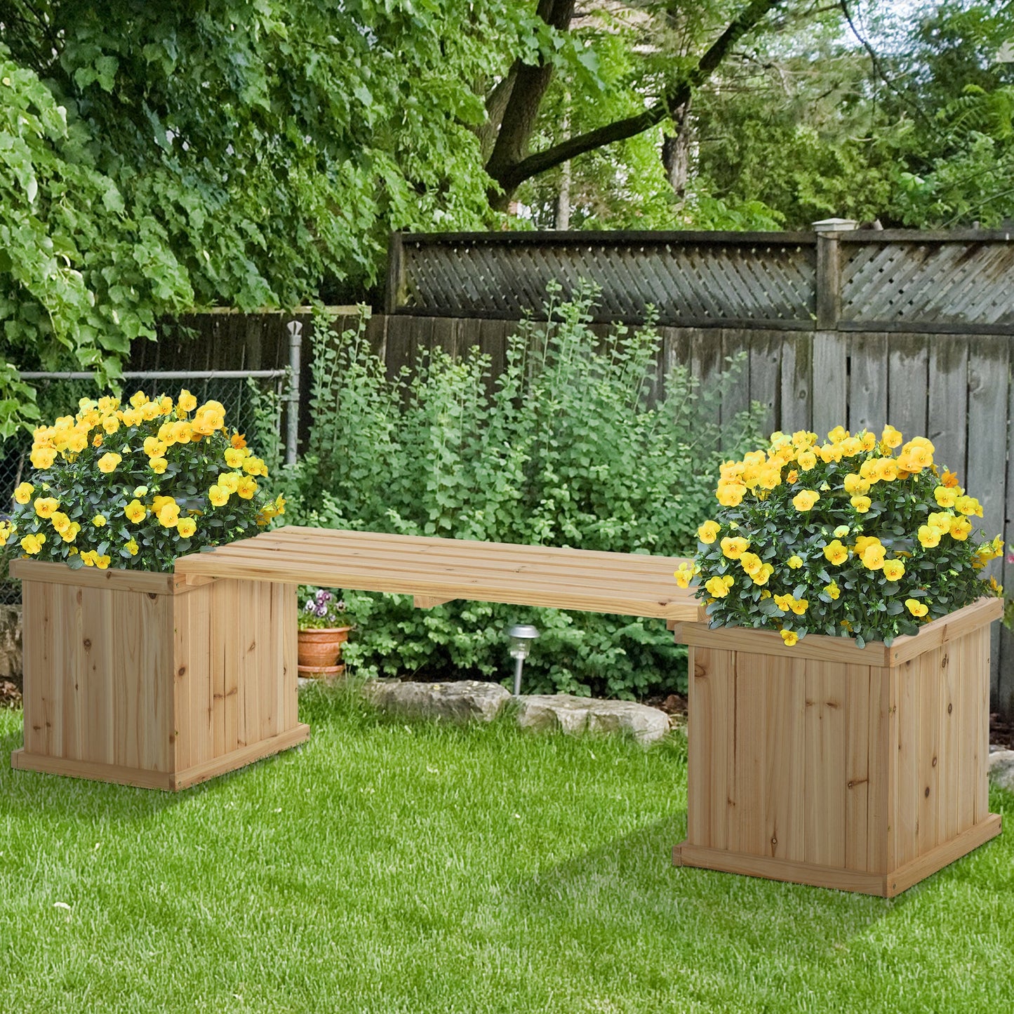 37L Wooden Garden Planter & Bench Combination Garden Raised Bed Patio Park Natural 176 x 38 x 40 cm