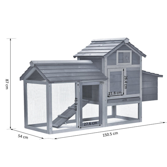 PawHut Chicken's 2-Tier Fir Wood Hutch Grey