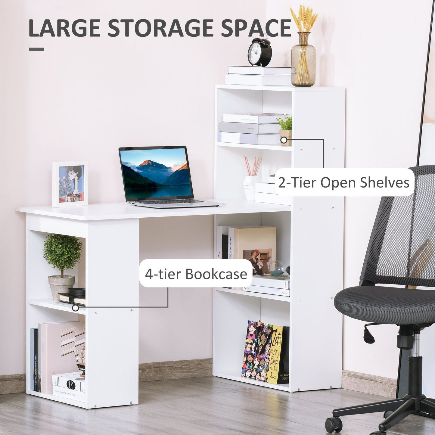 120cm Modern Computer Desk Bookshelf Study Table Workstation PC Laptop Writing Home Office 6 Shelves White