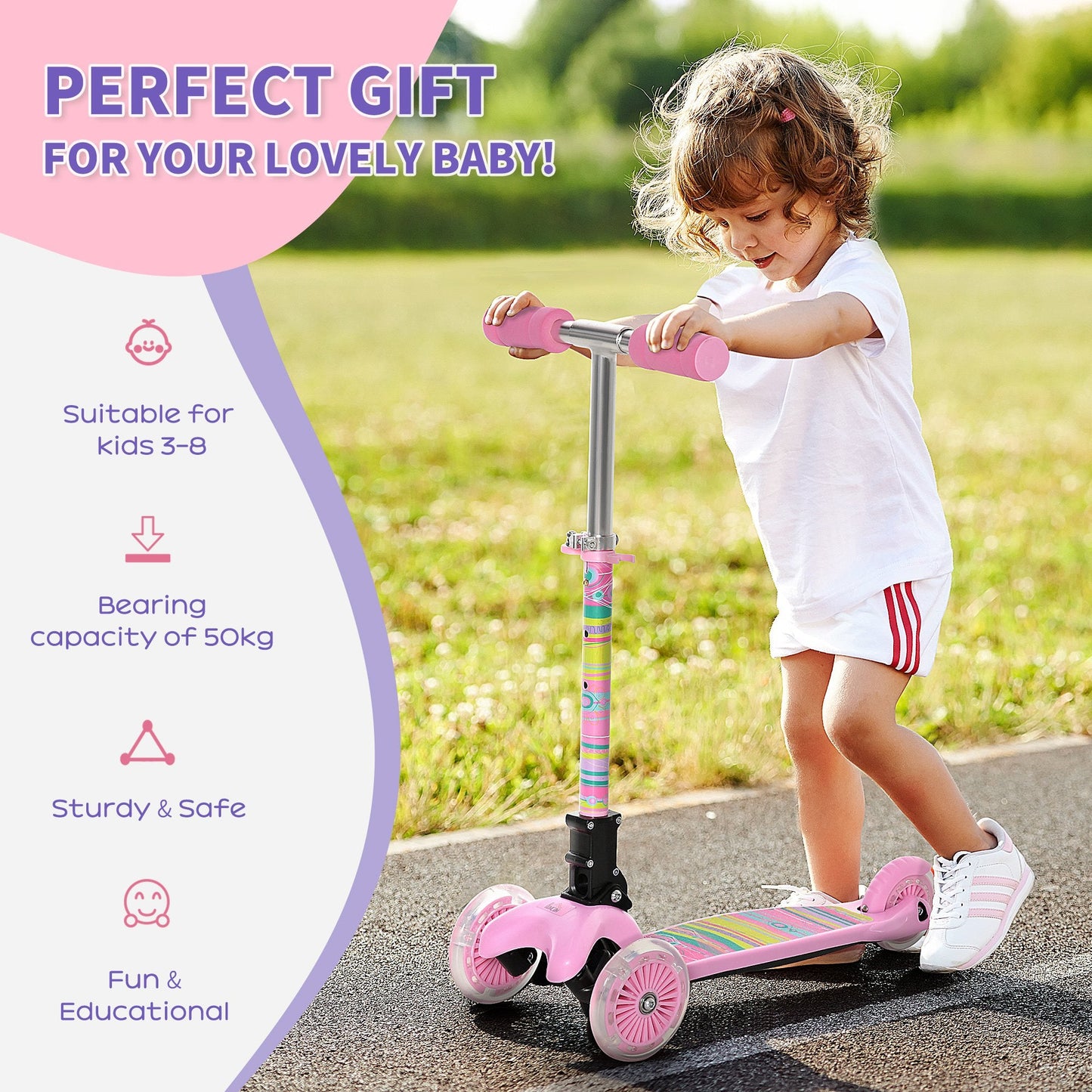 Foldable Scooter for Kids with 3 Wheel Adjustable Height Flashing Wheels