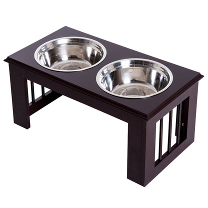 PawHut Stainless Steel Raised Dog Feeding Bowls with Stand for Small Medium Dogs Elevated Twin Pet Bowls Water Food Feeder 58.4L x 30.5W x 25.4H cm - Brown