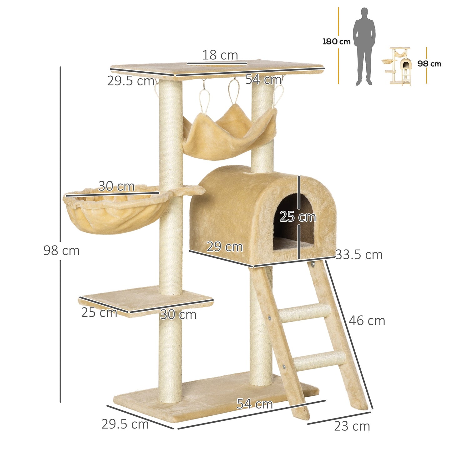 PawHut Cat Tree Tower Kitten Activity Center Scratching Post w/Hammock Condo Bed Basket