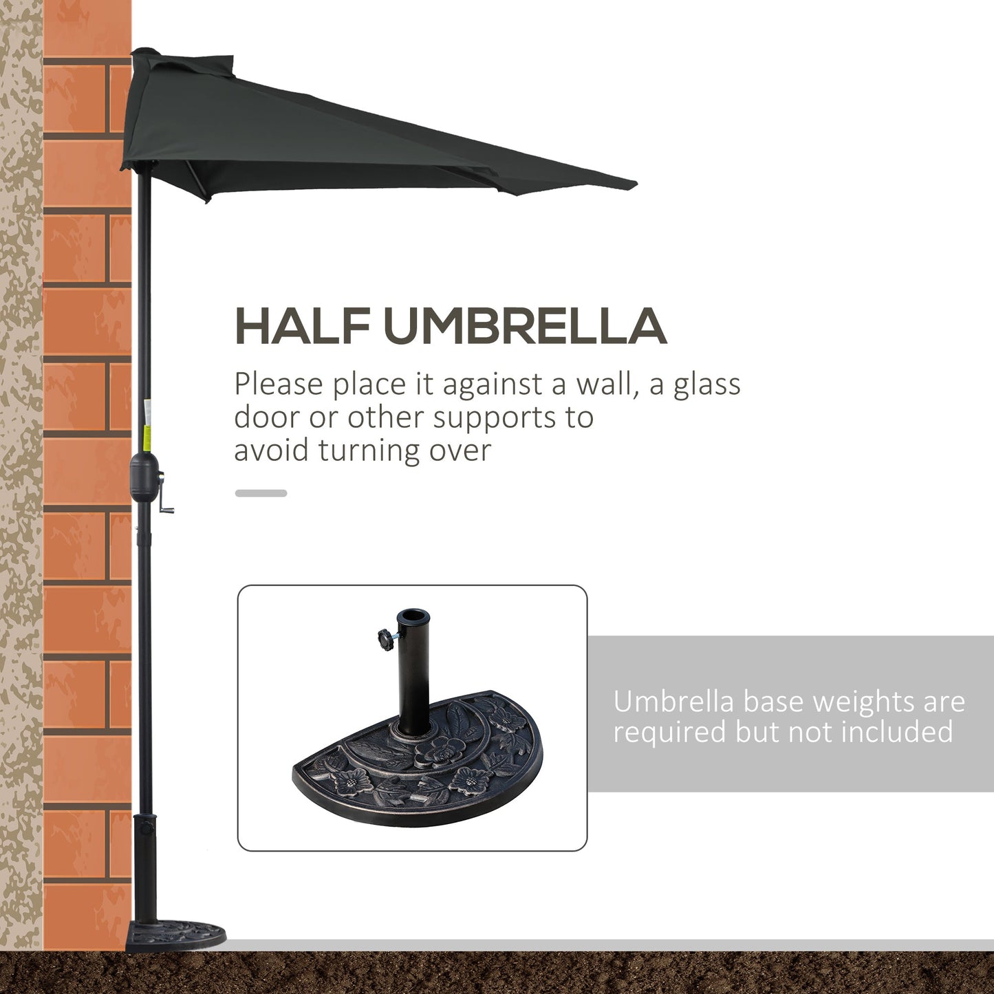 Outsunny 3(m) Half Parasol Semi Round Umbrella Patio Metal Frame Crank Handle for Balcony-- NO BASE INCLUDED