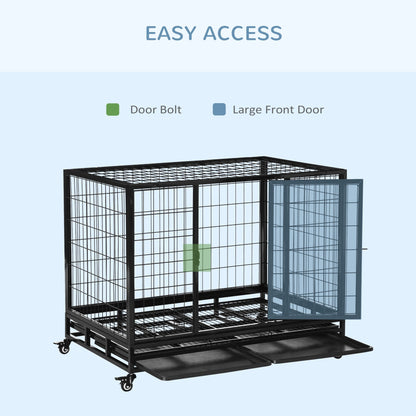 PawHut 43" Heavy Duty Metal Dog Crate Pet Cage with Tray Wheeled Dog Kennel - Black Large