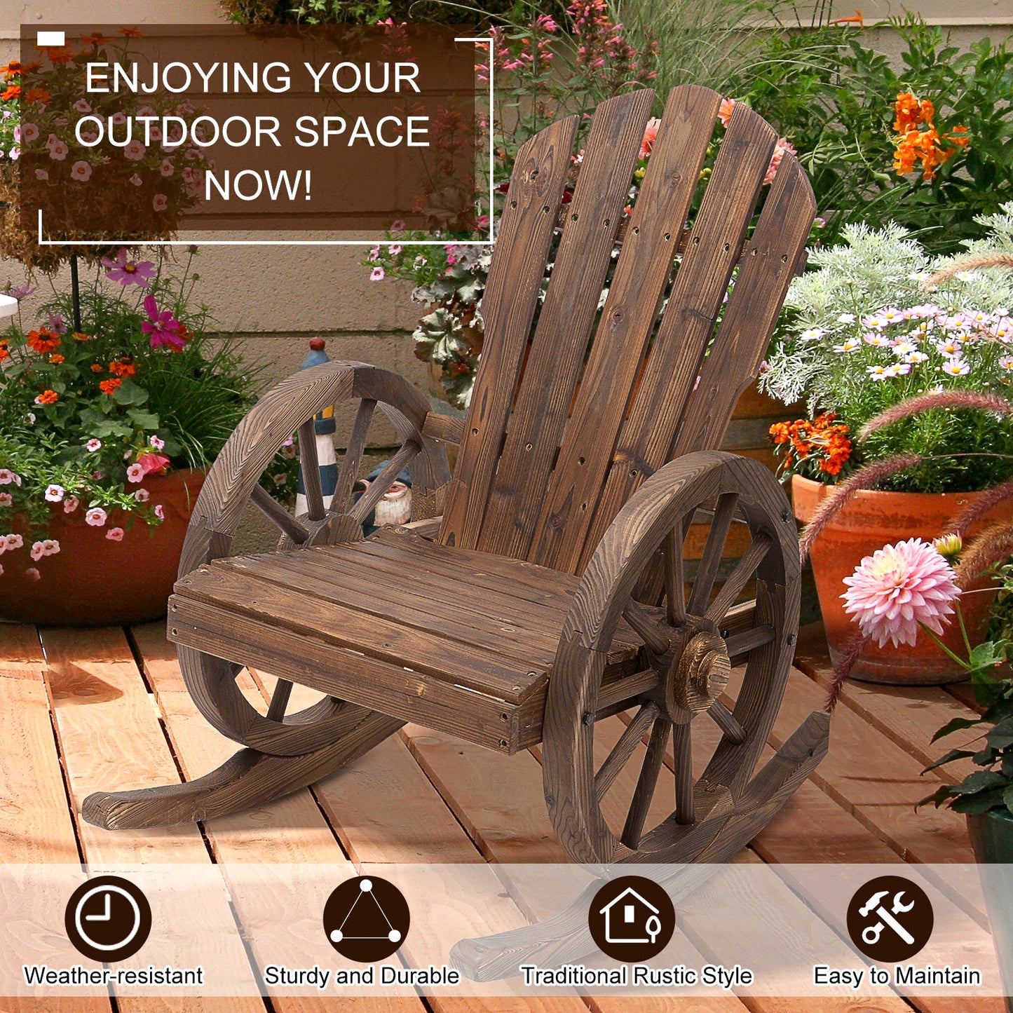 Wooden Adirondack Rocking Chair Reclining Armchair Outdoor Garden Furniture Patio Porch Rocker - Carbonized Wood Colour