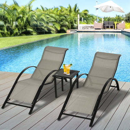 3-Pieces Lounge Chair Set Metal Frame Garden Outdoor Recliner Sunbathing Chair with Table