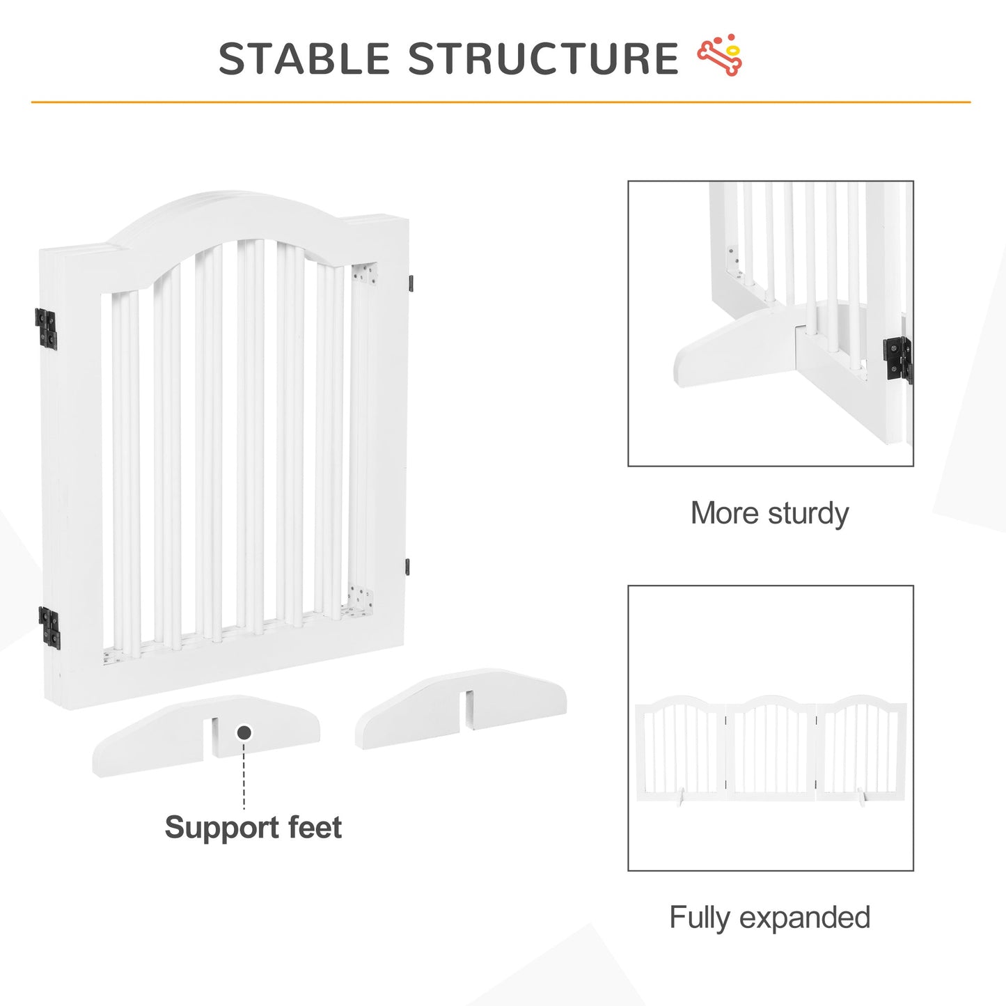 PawHut 3 Panels Dog Gate w/ Support Feet Fence Safety Barrier Freestanding Wood White