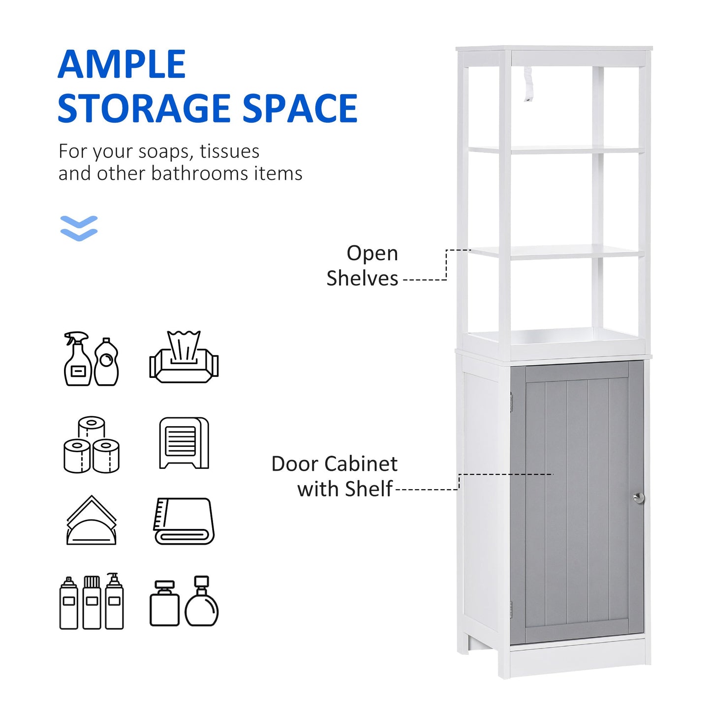 kleankin Tall Bathroom Cabinet Free Standing Slimline Cupboard Tallboy Unit Storage Organiser for Bathroom