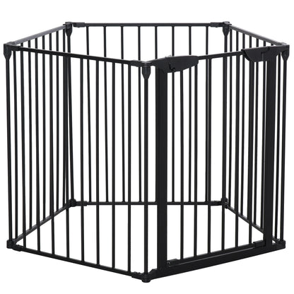 PawHut Pet Safety Gate 5-Panel Playpen Fireplace Christmas Tree Metal Fence Stair Barrier Room Divider with Walk Through Door Automatically Close Lock Black