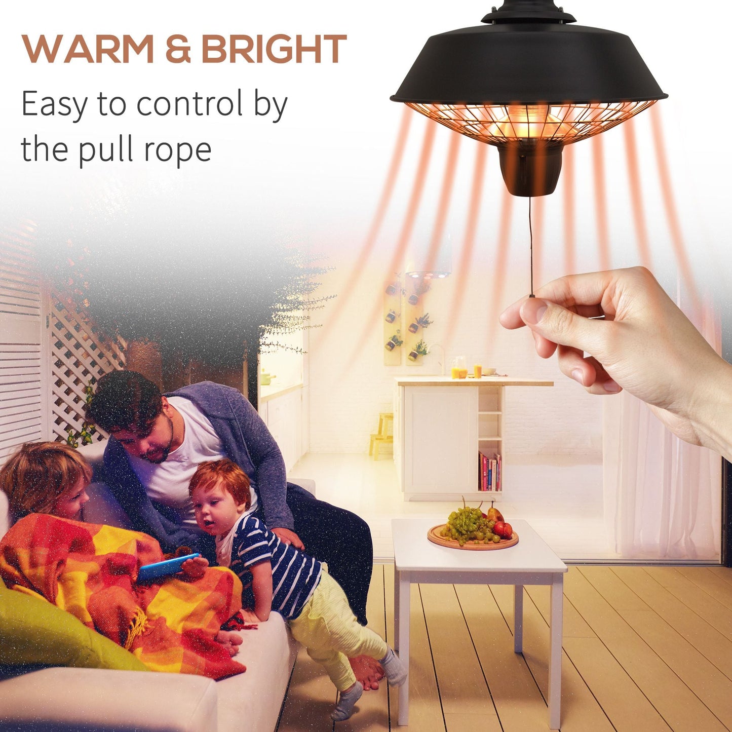 2100W Outdoor Ceiling Mounted Halogen Electric Heater Hanging Patio Garden Warmer Light - Black