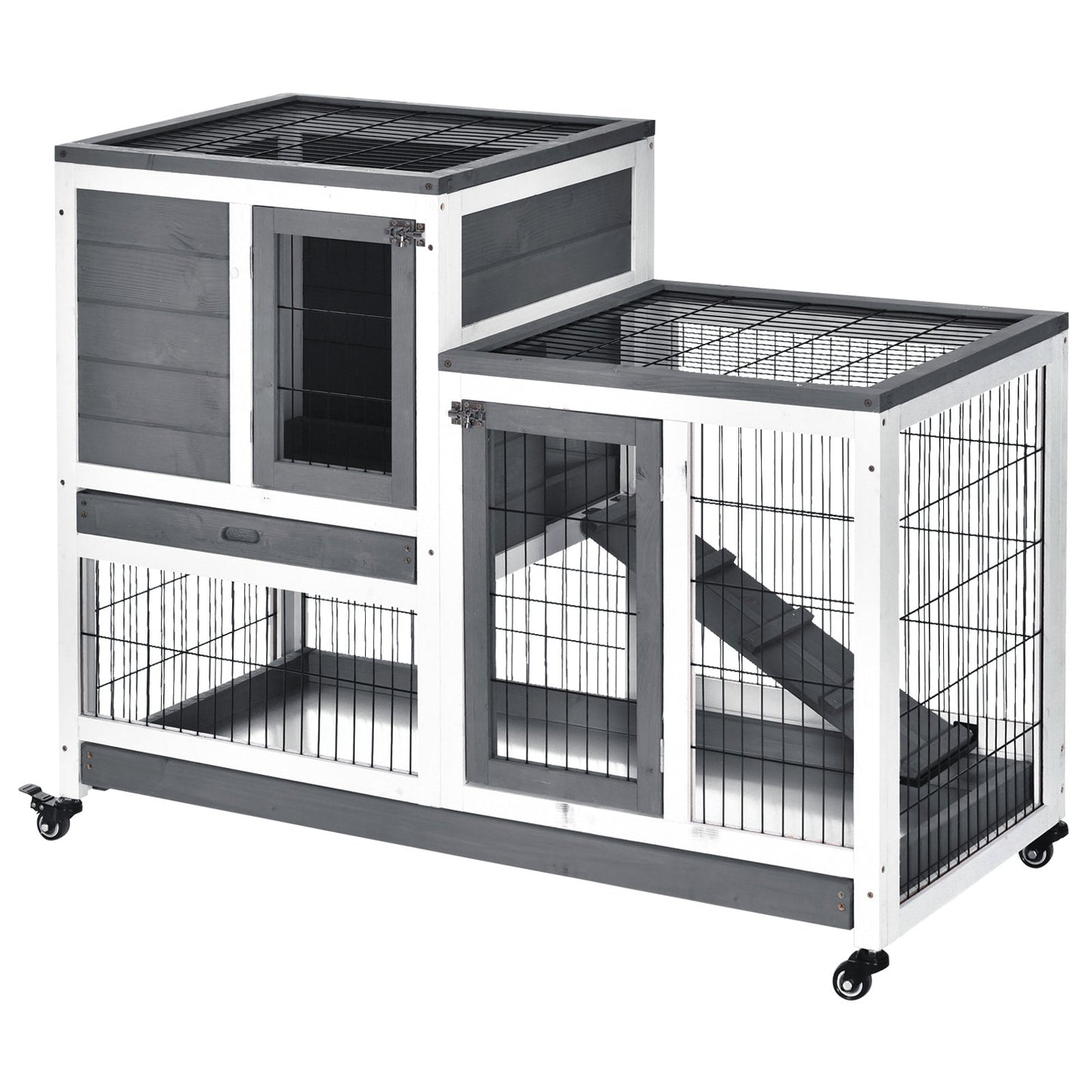 PawHut Small Animals 2-Tier Fir Wood Rabbit Hutch Indoor Grey