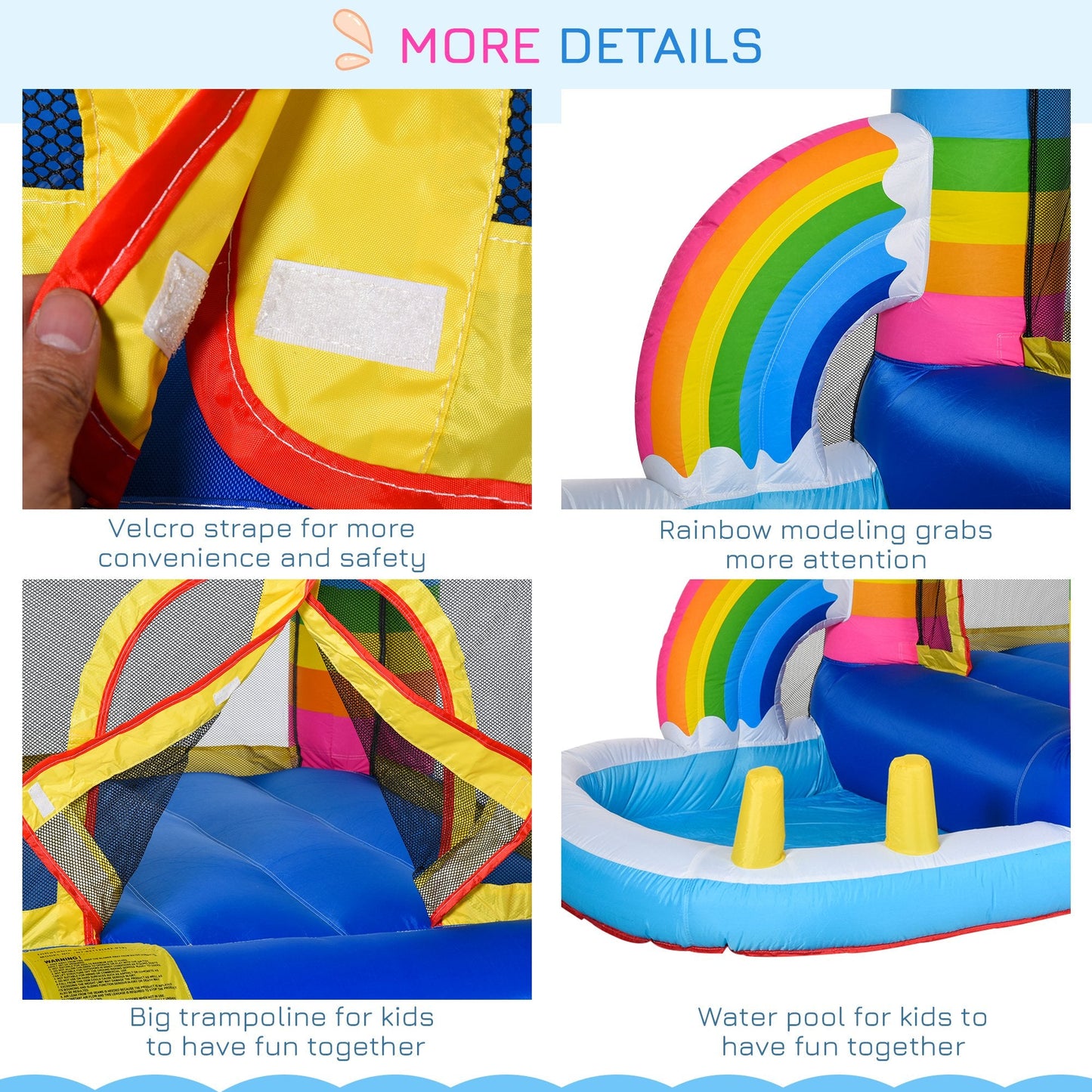 Kids Rainbow Bouncy Castle & Pool House Inflatable Trampoline w/ Blower Pump Outdoor Play Garden Activity Exercise Fun 3-8 Years 2.8 x 1.7 x 1.55m