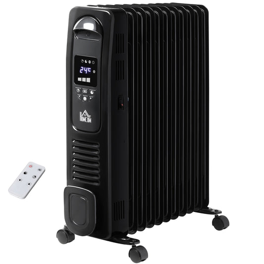 2720W Digital Display Oil Filled Radiator 11Fin Portable Electric Heater w/ Built-in Timer Three Heat settings Safety switch Remote Control - Black