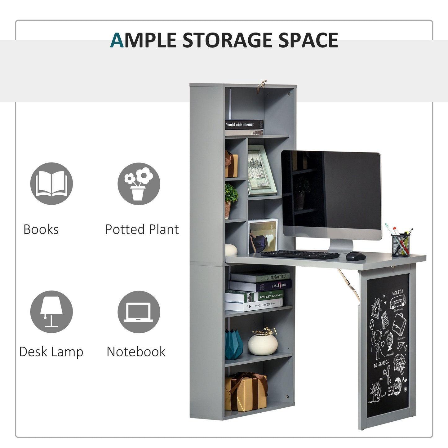 Folding Convertible Desk with Blackboard Multi-function Computer Office Workstation Side Shelf for Home Office