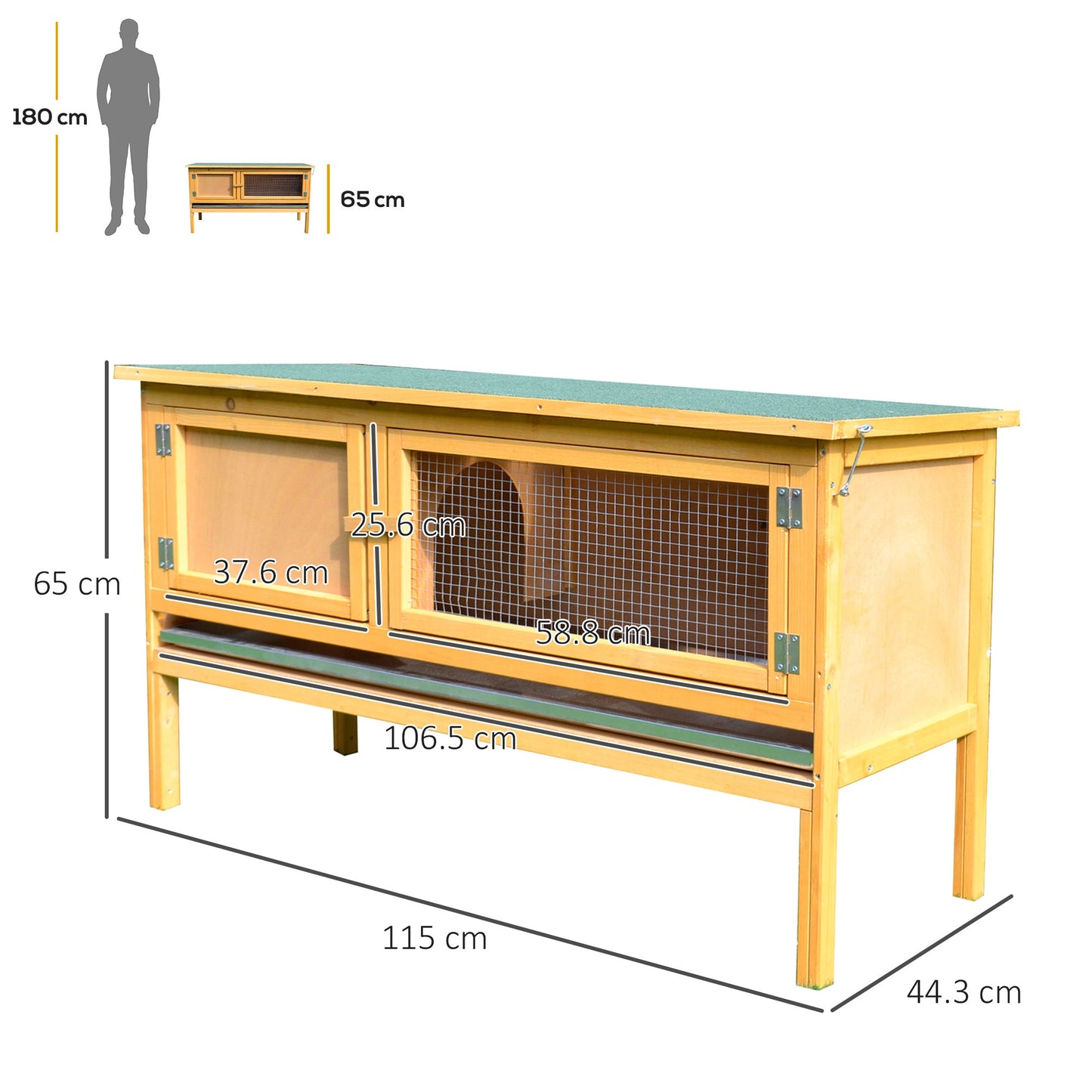 PawHut Wooden Rabbit Hutch Guinea Pigs House Outdoor Small Animal Bunny Cage w/ Hinged Top Slide out Tray 115 x 44.3 x 65 cm