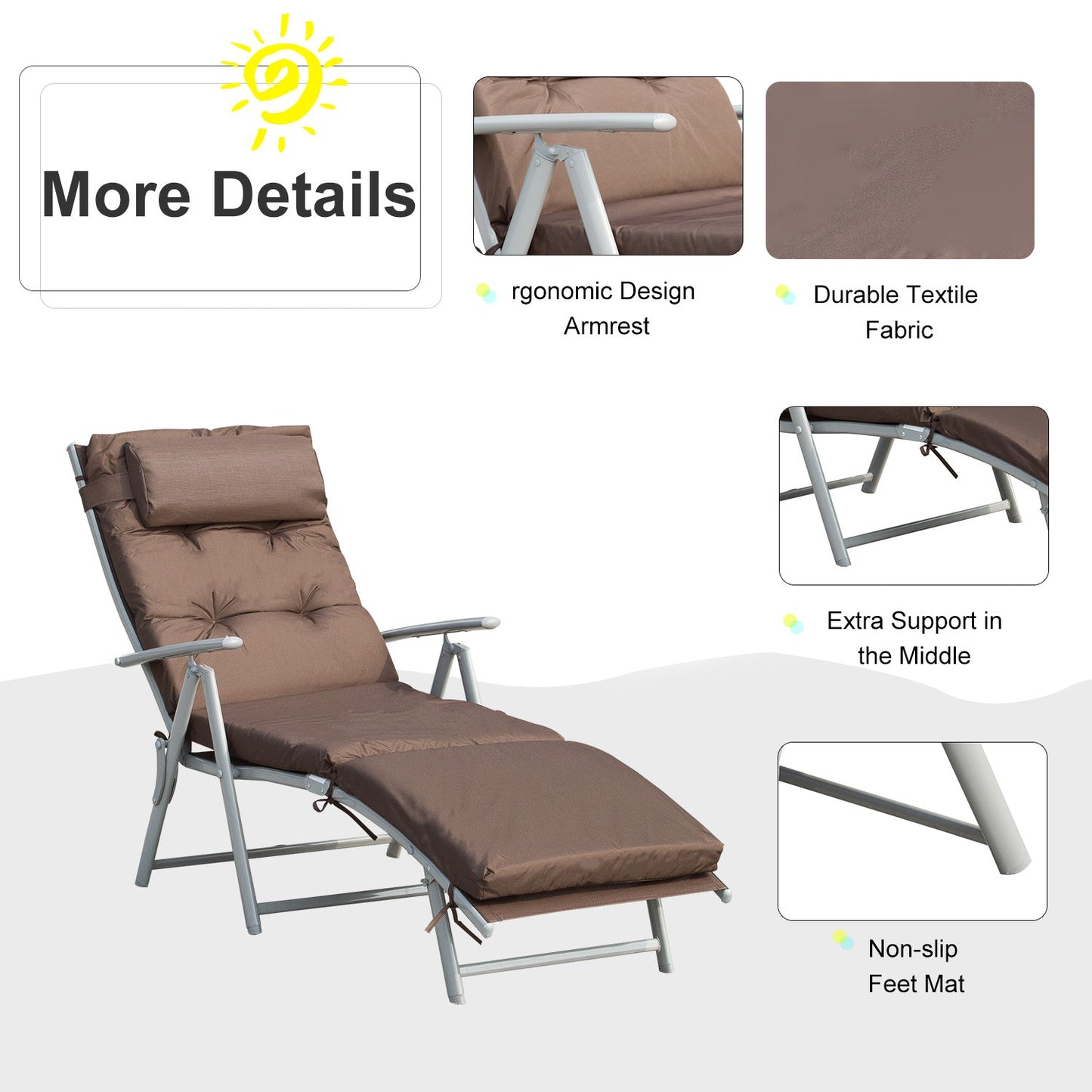 Outdoor Patio Sun Lounger Garden Texteline Foldable Reclining Chair Pillow Adjustable Recliner with Cushion - Brown