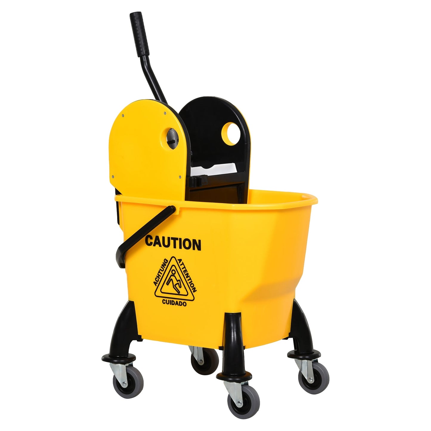 26L Mop Bucket & Water Wringer w/ 4 Wheels Plastic Body Metal Handle Pole Holder Home Commercial Cleaning Floor Cart Yellow