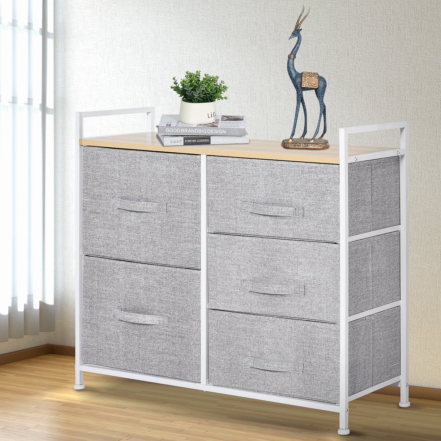 5 Drawer Linen Basket Storage Unit Home Organisation w/ Shelf Handles Metal Frame Adjustable Feet Hallway Home Dresser Grey