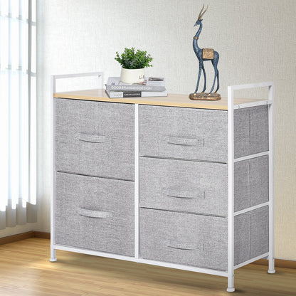 5 Drawer Linen Basket Storage Unit Home Organisation w/ Shelf Handles Metal Frame Adjustable Feet Hallway Home Dresser Grey