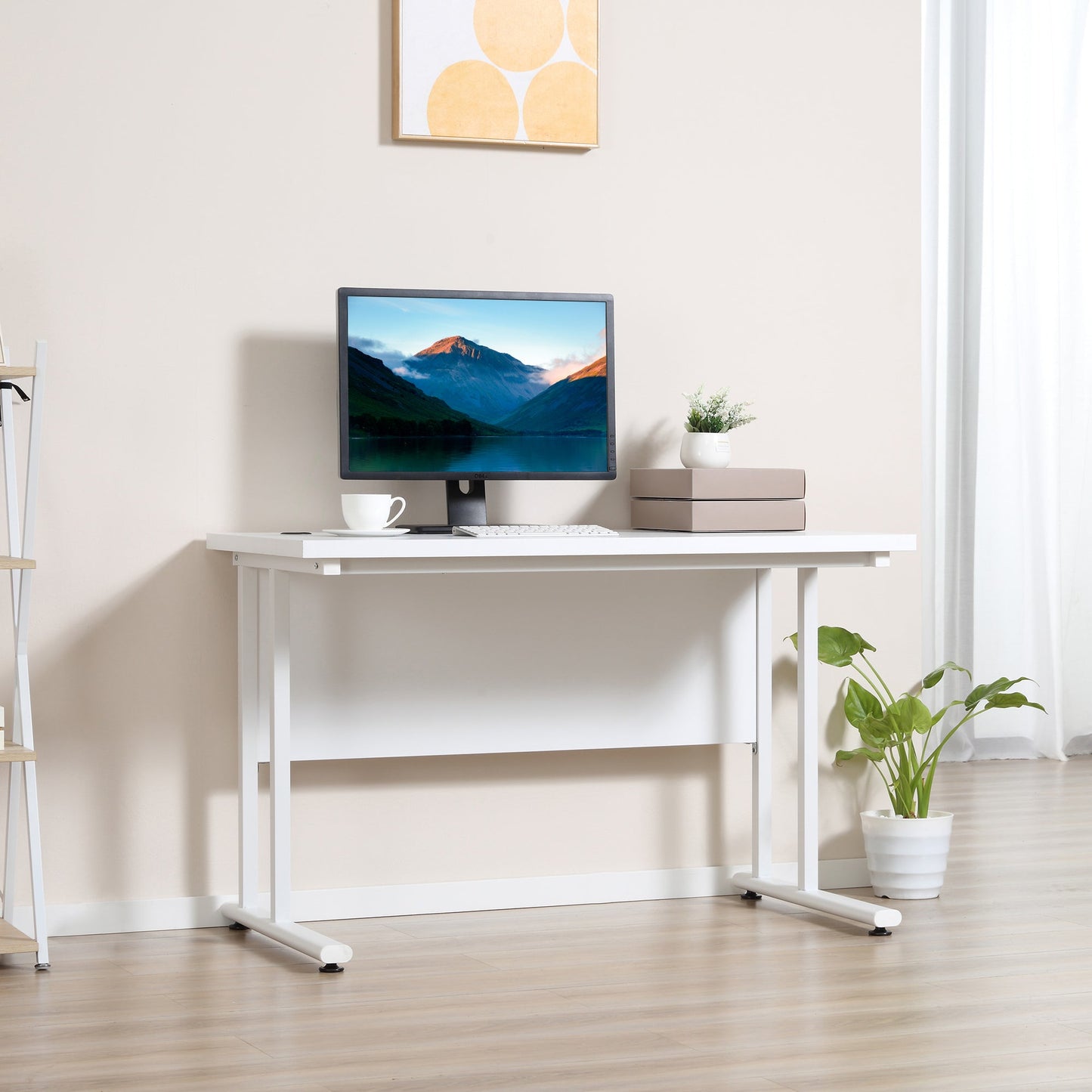 Computer Desk Home Office Desk with 2 Cable Management Holes Metal Legs White