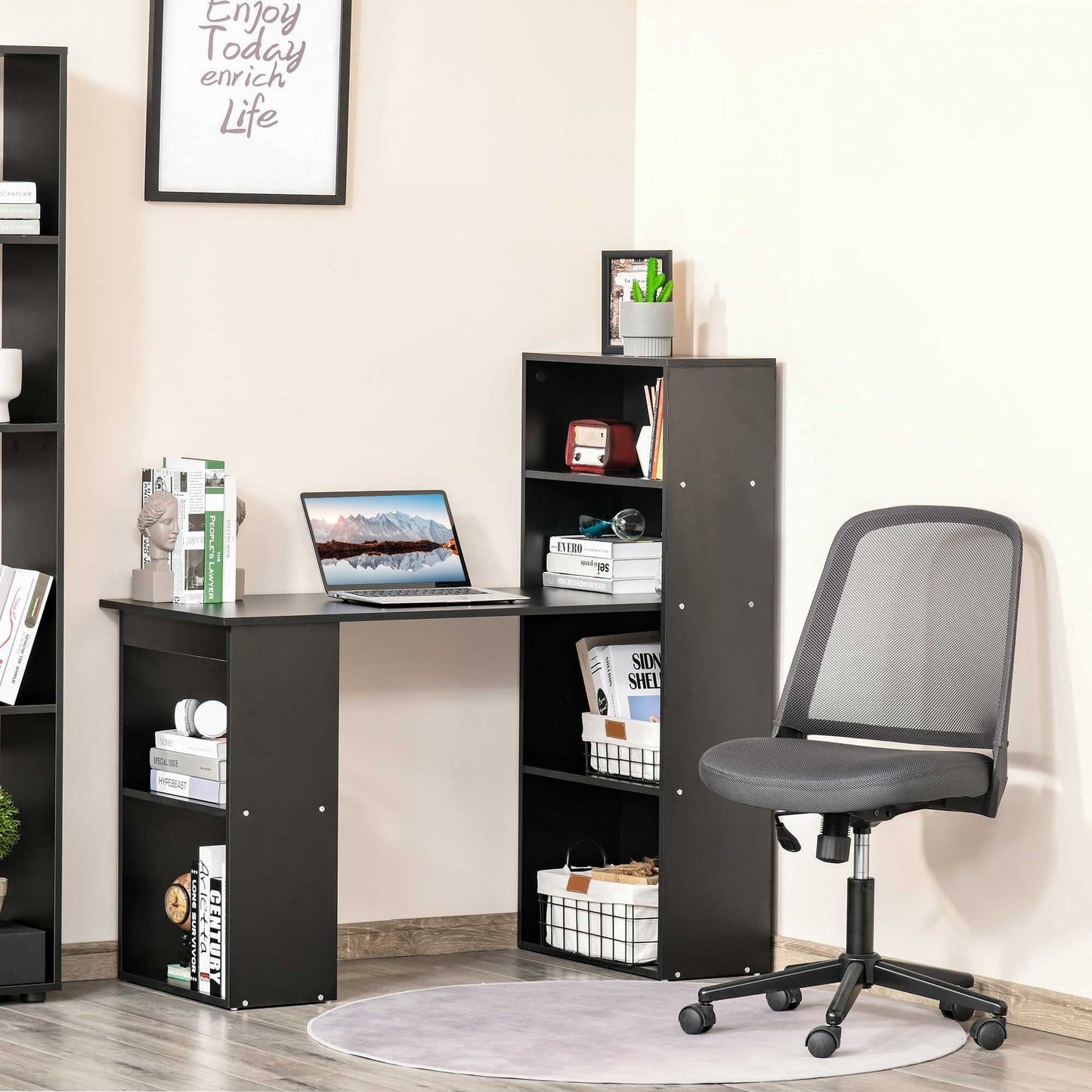 120cm Modern Computer Desk Bookshelf Study Table Workstation PC Laptop Writing Home Office 6 Shelves Black