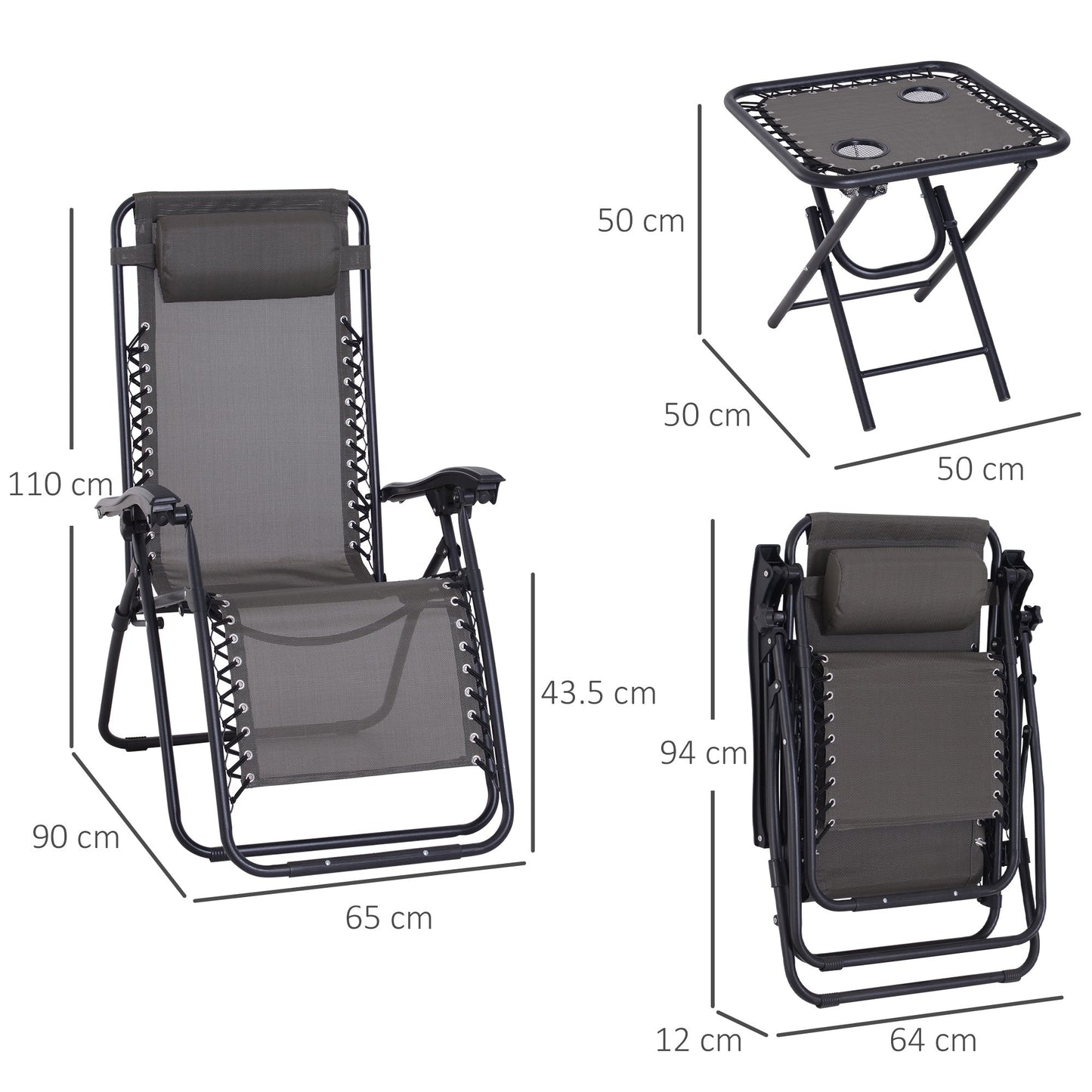 3-Piece Folding Zero Gravity Chairs Sun Lounger Table Set w/ Cup Holders Reclining Garden Yard Pool