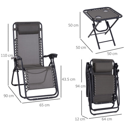 3-Piece Folding Zero Gravity Chairs Sun Lounger Table Set w/ Cup Holders Reclining Garden Yard Pool