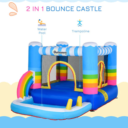 Kids Rainbow Bouncy Castle & Pool House Inflatable Trampoline w/ Blower Pump Outdoor Play Garden Activity Exercise Fun 3-8 Years 2.8 x 1.7 x 1.55m