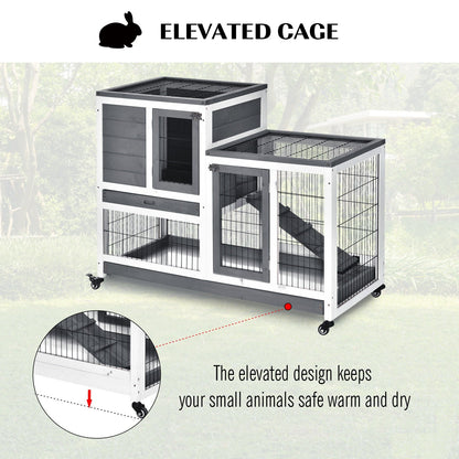 PawHut Small Animals 2-Tier Fir Wood Rabbit Hutch Indoor Grey