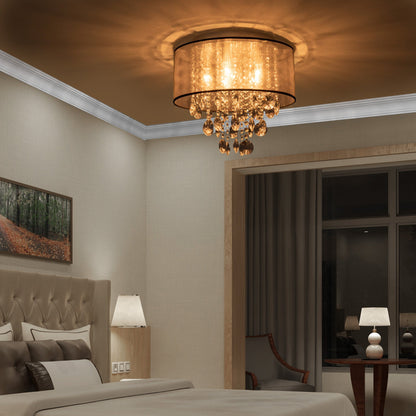 Modern Crystal Chandelier Flush Mount Ceiling Light with Drum Shade for Living Room Bedroom Dining Room Silver