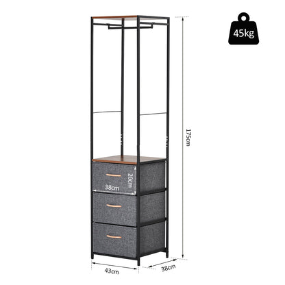 Coat Rack with 3 Drawers Storage Rack with Steel Frame for Bedroom Hallway Home Furniture Grey