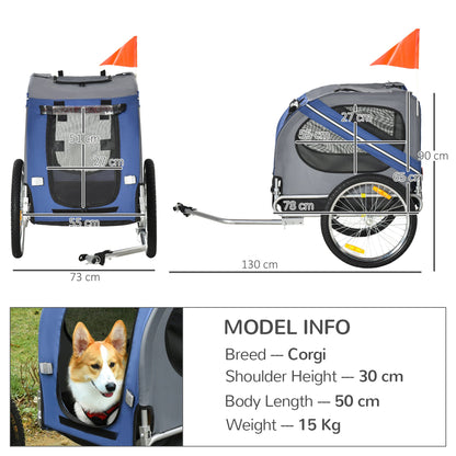 PawHut Folding Dog Bike Trailer Pet Cart Carrier for Bicycle Travel in Steel Frame with Hitch Coupler - Blue & Grey