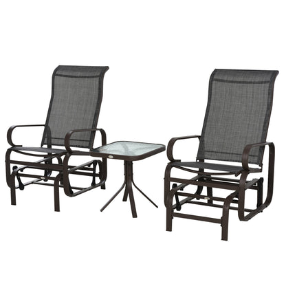 3-Piece Metal Outdoor Gliding Rocking Chair With Tea Table Patio Garden Comfortable Swing Chair Brown