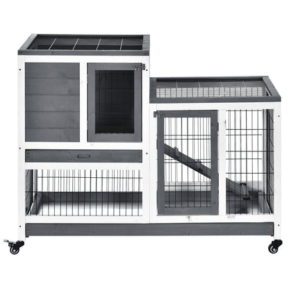 PawHut Small Animals 2-Tier Fir Wood Rabbit Hutch Indoor Grey