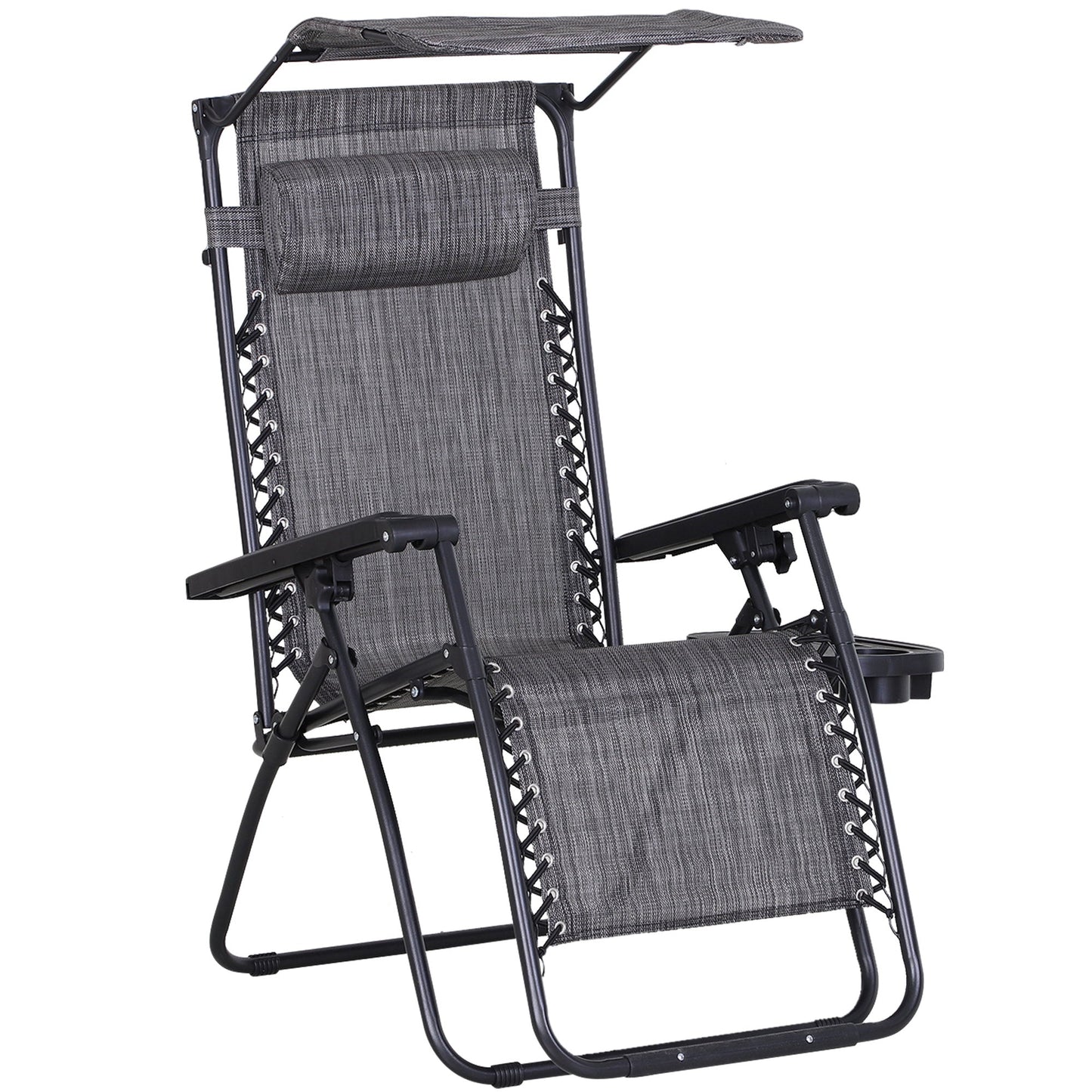 Zero Gravity Garden Deck Folding Chair Texteline Patio Sun Adjustable Lounger Reclining Seat with Cup Holder & Canopy Shade - Grey