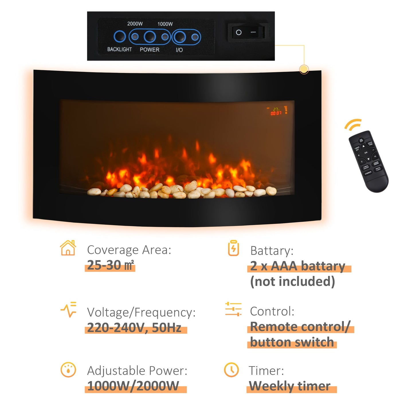 1000/2000W LED Curved Glass Electric Wall Mounted Fire Place