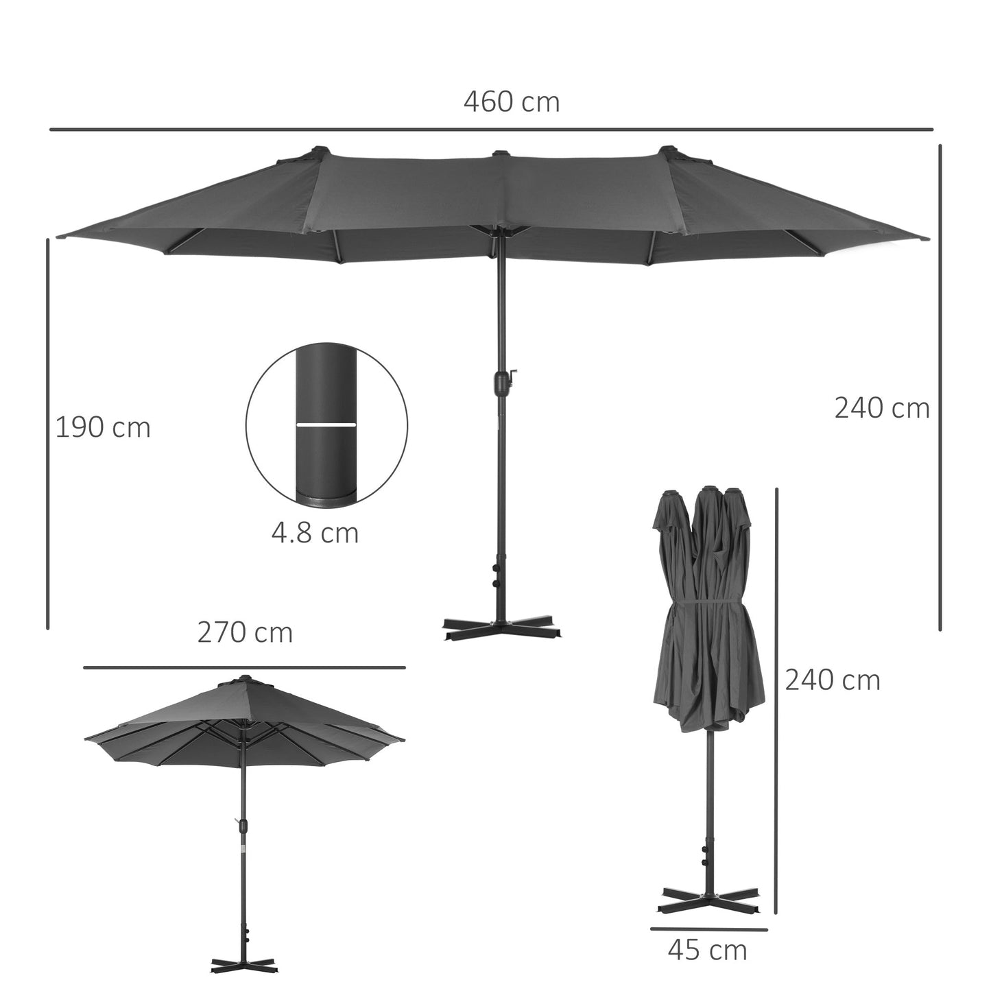 4.6M Sun Umbrella Canopy Double-sided Crank Sun Shade w/ Cross Base Grey