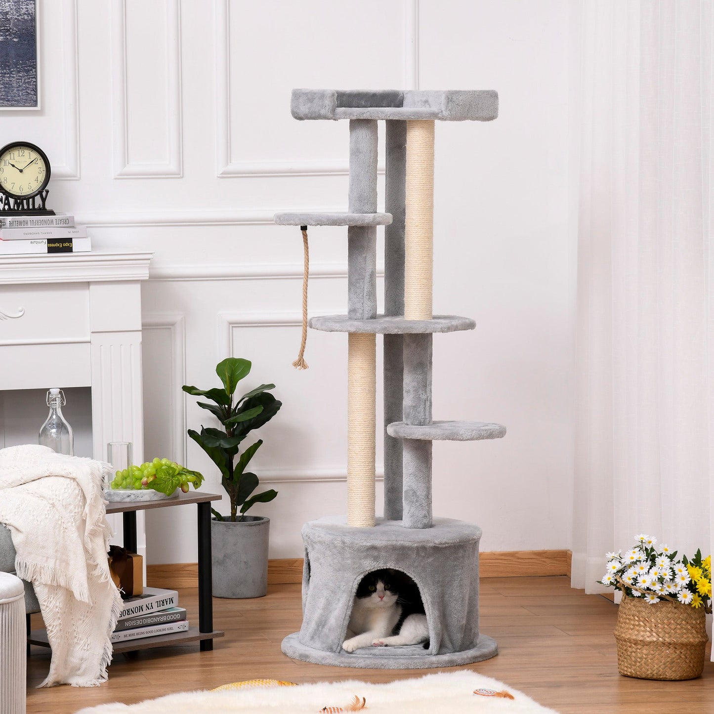 PawHut 55 x 150H cm Cat Tree Multi-level Kitten Tower w/ Scratching Post Condo Plush Perches Grey