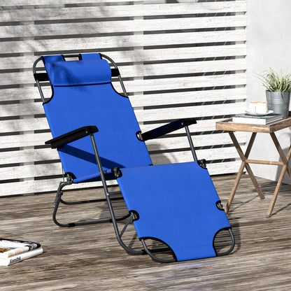 2 in 1 Sun Lounger Folding Reclining Chair Garden Outdoor Camping Adjustable Back with Pillow Blue