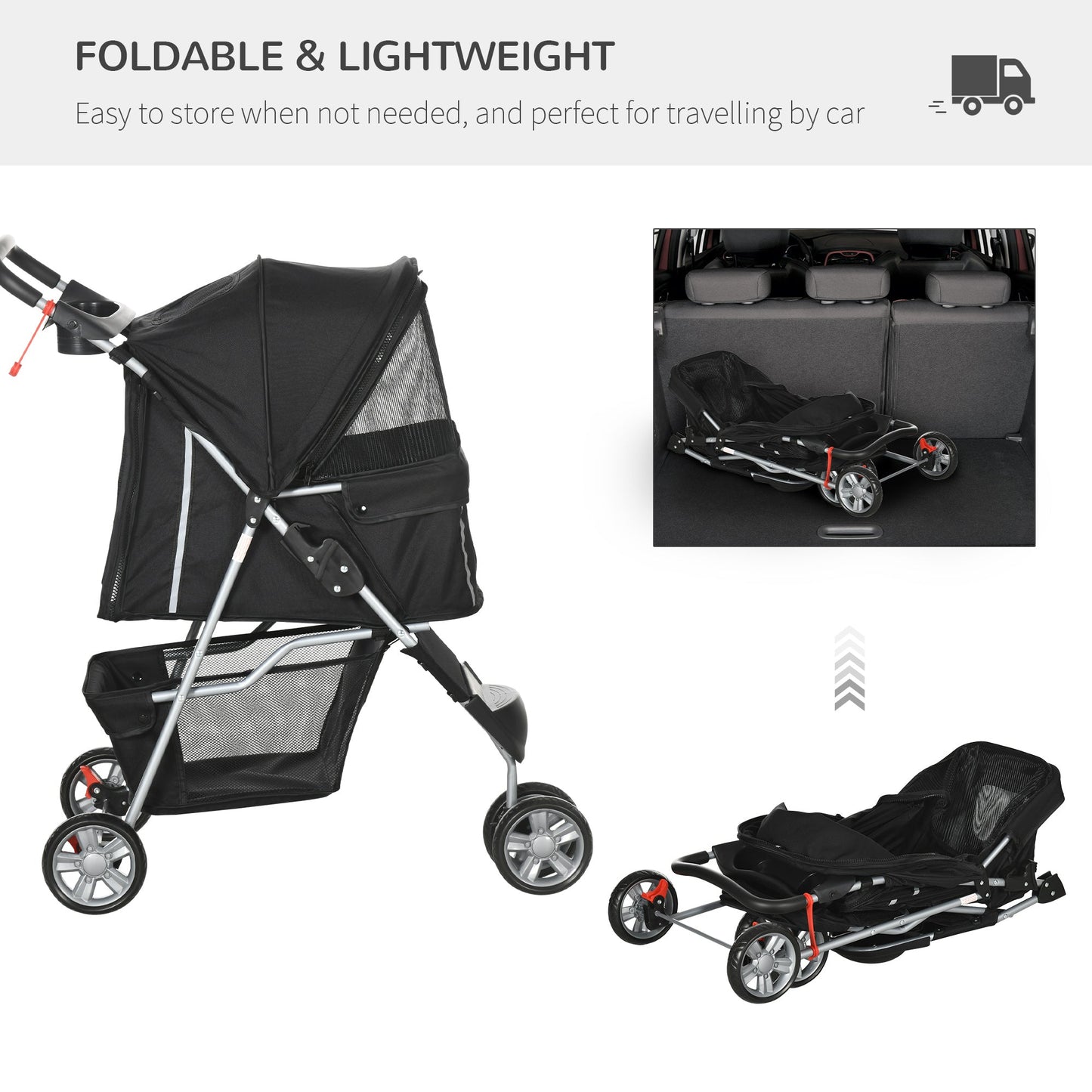 PawHut Pet Travel Stroller Cat Dog Pushchair Trolley Puppy Jogger Carrier Three Wheels for Small Miniature DogsBlack