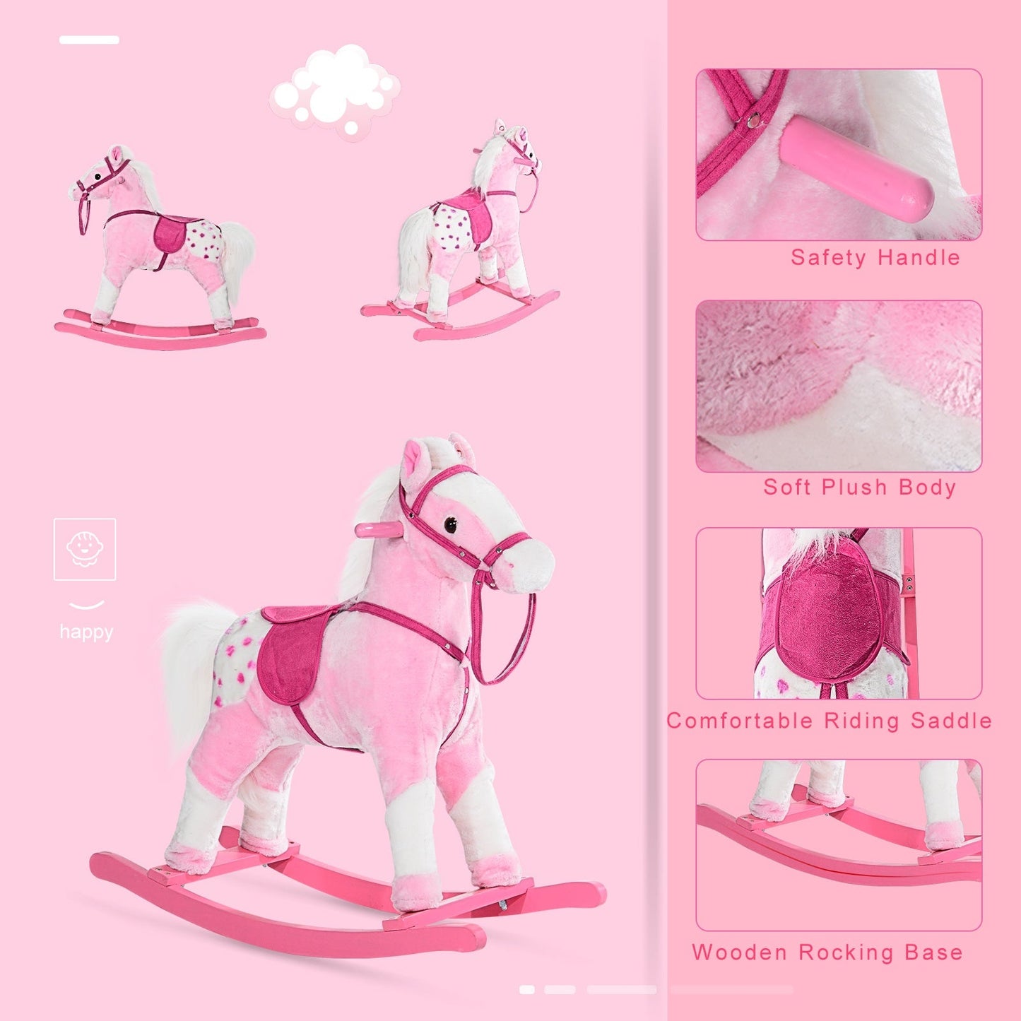 Children Child Kids Plush Rocking Horse with Sound Handle Grip Traditional Toy Fun Gift Pink